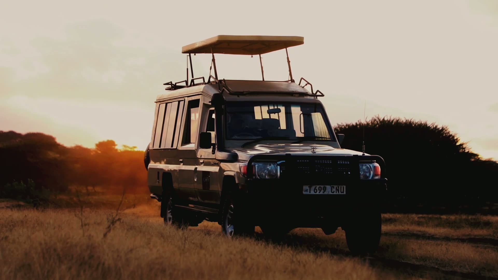 Karis Expeditions safari fleet on the Tanzanian plains at golden hour